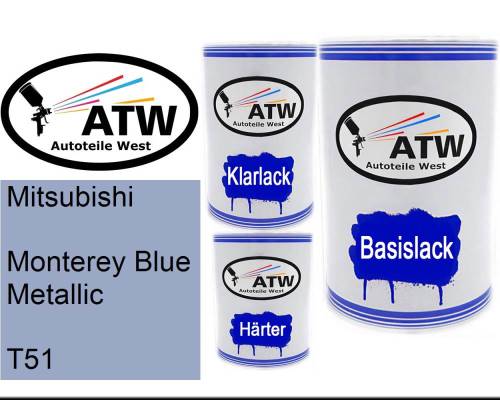 Mitsubishi, Monterey Blue Metallic, T51: 500ml Lackdose + 500ml Klarlack + 250ml Härter - Set, von ATW Autoteile West.